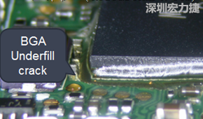下面兩張照片就顯示既使添加了底部填充膠underfill，經過摔落后還是發(fā)生BGA錫球破裂的問題，因為連Underfill膠都裂開了。