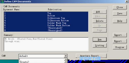 回到Dsfine CAM Documents窗口 ,將所有須輸出的文件用鼠標拉住選擇,按Run輸出,默認輸出路徑是安裝目錄的\CAM\default,也可按CAM的Create更改