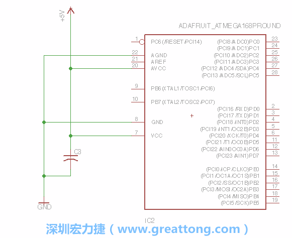 3.1.    新增微控制器晶片（RBBB → ATmega），把它放在電路原理圖的中央附近，把它的兩個接地接頭連接到接地訊號端。