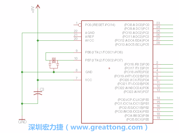 3.2.    在靠近ATmega的電源供應針腳7的位置放置一個0.1μF的電容，將它分別連接電源、接地端和針腳7。