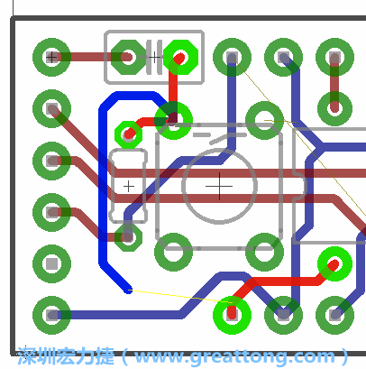要在電路板正面進(jìn)行+5V信號(hào)線連結(jié)和其他連結(jié)點(diǎn)的布線工作是非常容易的，而重置信號(hào)線（信號(hào)線用來連結(jié)電路板正面左邊的重置開關(guān)）需要經(jīng)過一個(gè)可以通過電路板正反兩面的電路通道，這個(gè)通道是一個(gè)可以讓電路板正反兩面線路連接的一個(gè)小孔。